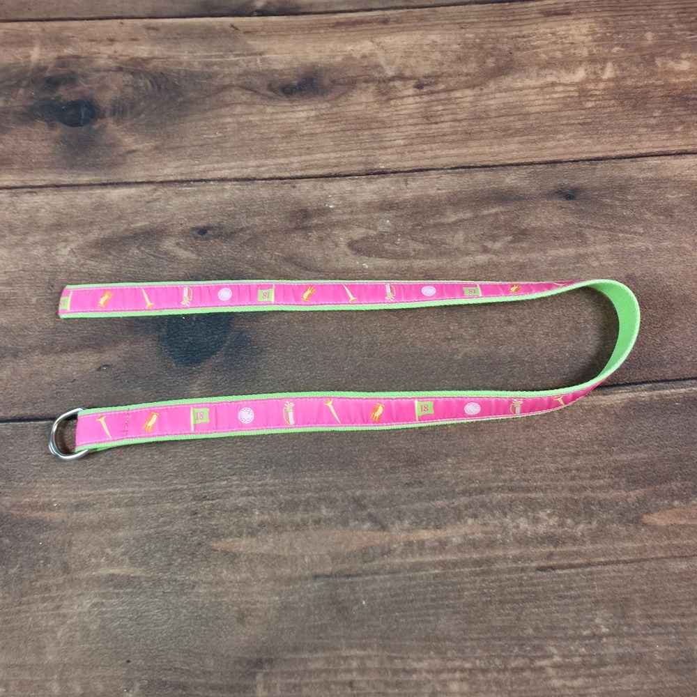 Douglas Paquette Golf D-Ring Belt Womens M Pink Green Good Preppy Canvas Ribbon